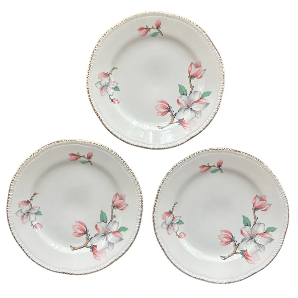 Homer Laughlin Dogwood Fine China Floral Plate Set Vintage Pink Gold Trim Pc Set